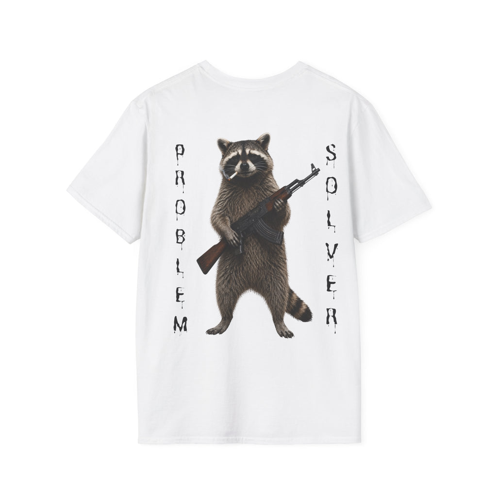 Problem Solver T-Shirt — Raccoon Holding Rifle Graphic Tee