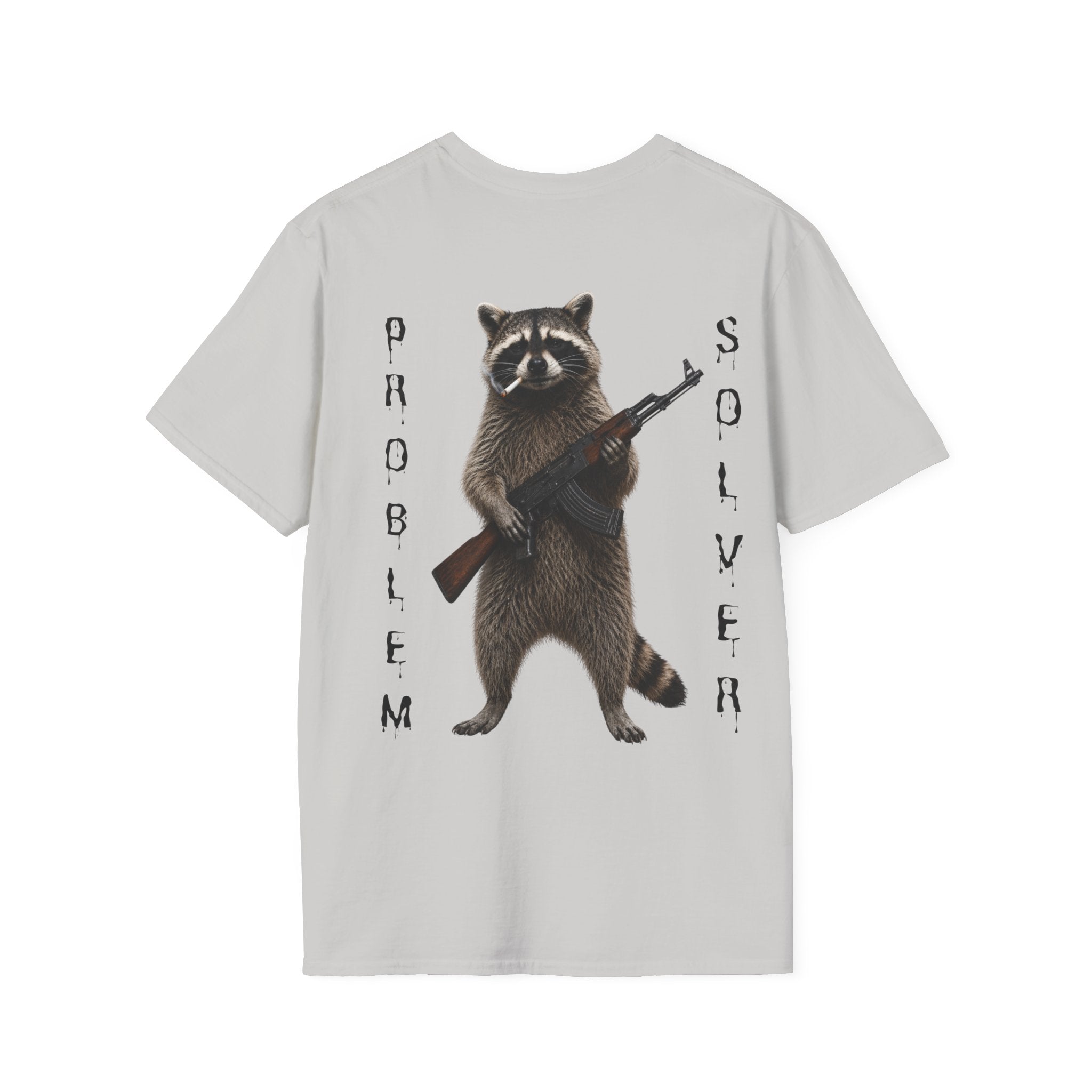 Problem Solver T-Shirt — Raccoon Holding Rifle Graphic Tee