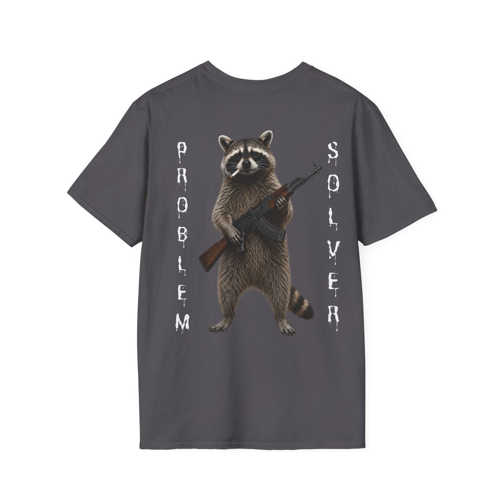 Problem Solver T-Shirt — Raccoon Holding Rifle Graphic Tee