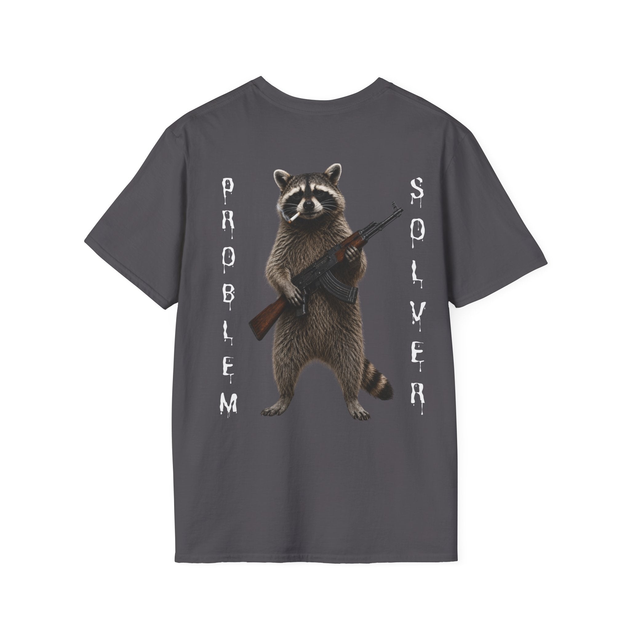 Problem Solver T-Shirt — Raccoon Holding Rifle Graphic Tee