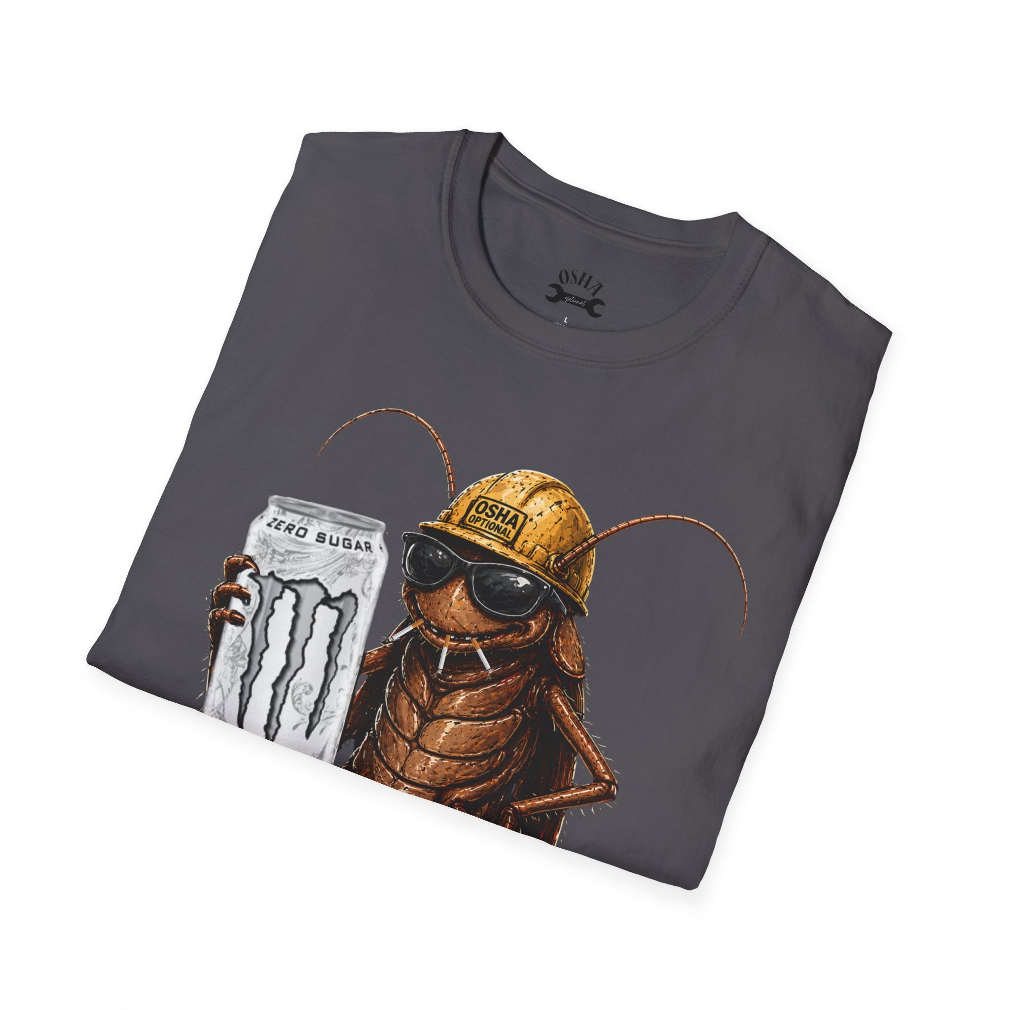 Construction Cockroach T‑Shirt — Funny Roach Holding Monster Energy Can Graphic Tee