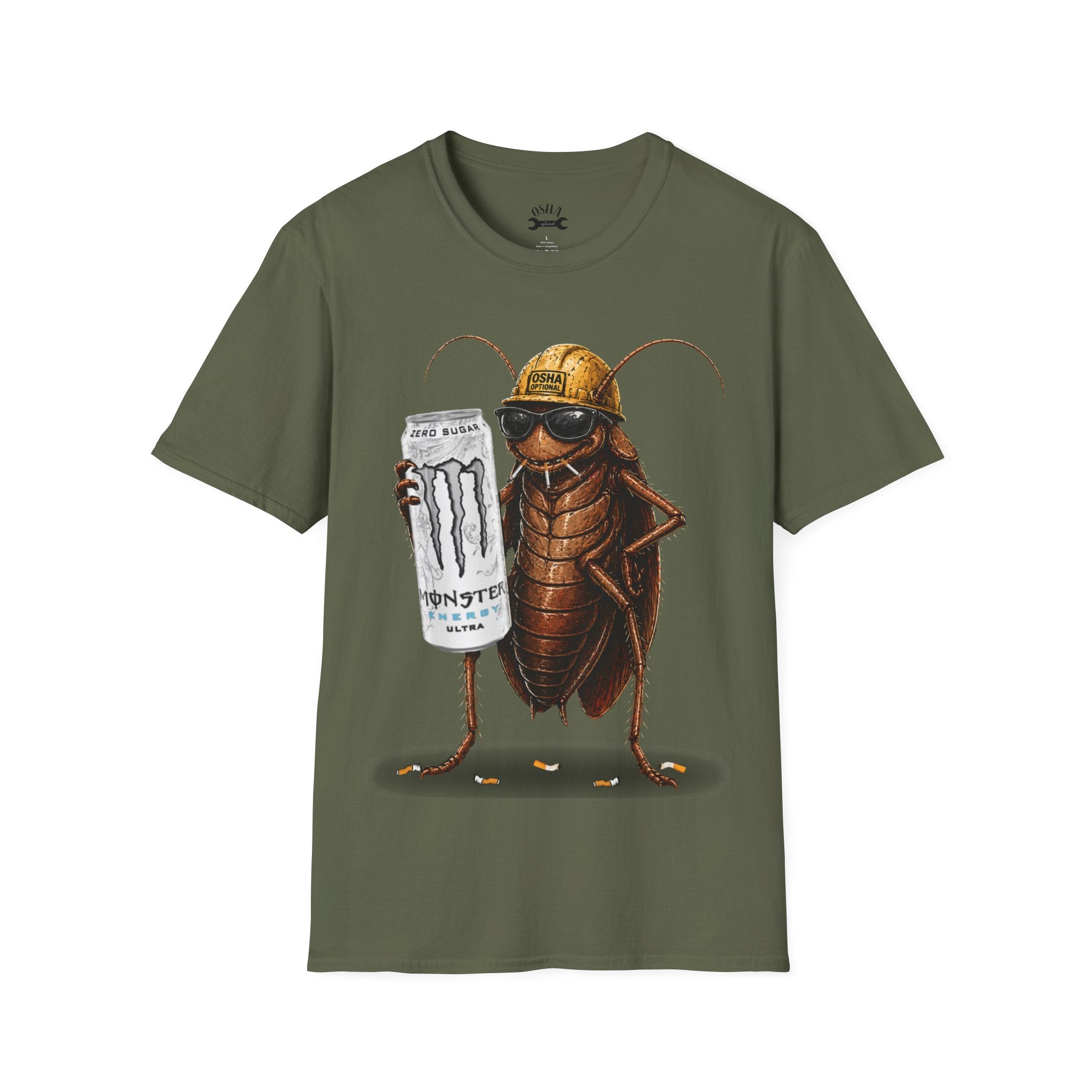 Construction Cockroach T‑Shirt — Funny Roach Holding Monster Energy Can Graphic Tee