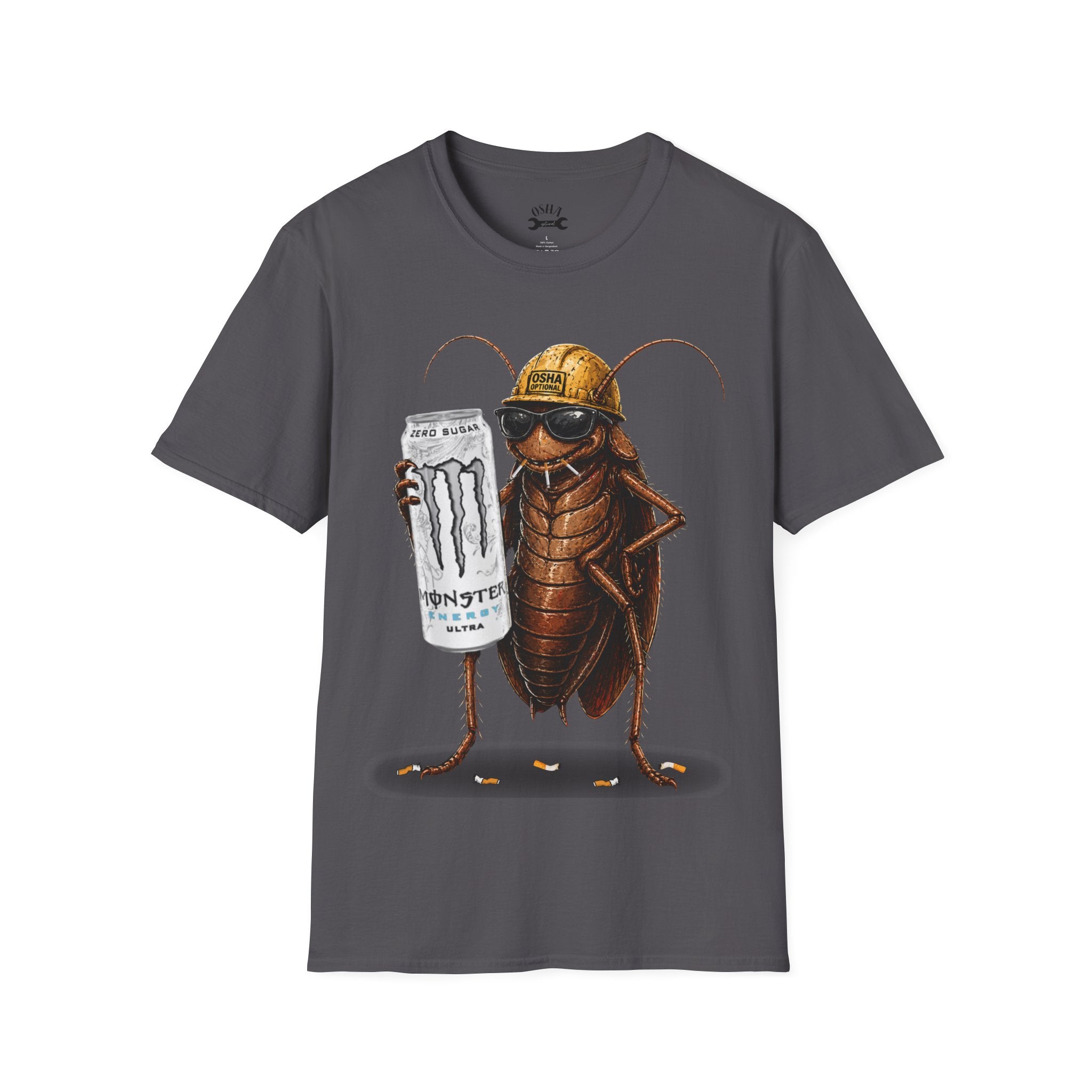 Construction Cockroach T‑Shirt — Funny Roach Holding Monster Energy Can Graphic Tee