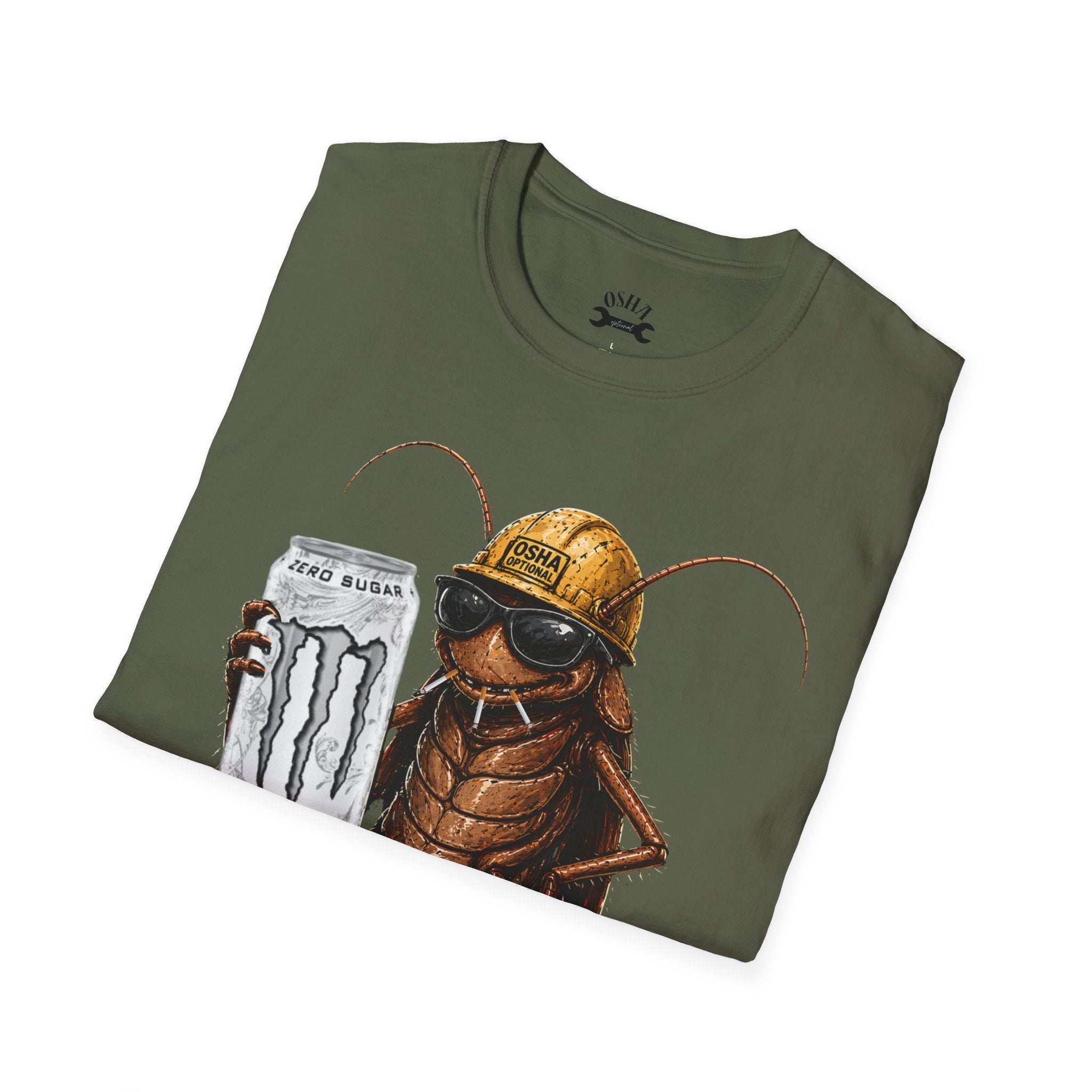 Construction Cockroach T‑Shirt — Funny Roach Holding Monster Energy Can Graphic Tee