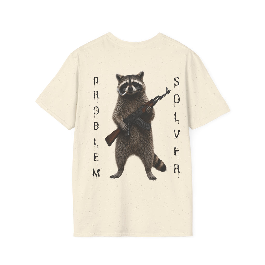 Problem Solver T-Shirt — Raccoon Holding Rifle Graphic Tee