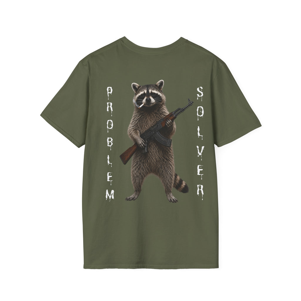 Problem Solver T-Shirt — Raccoon Holding Rifle Graphic Tee