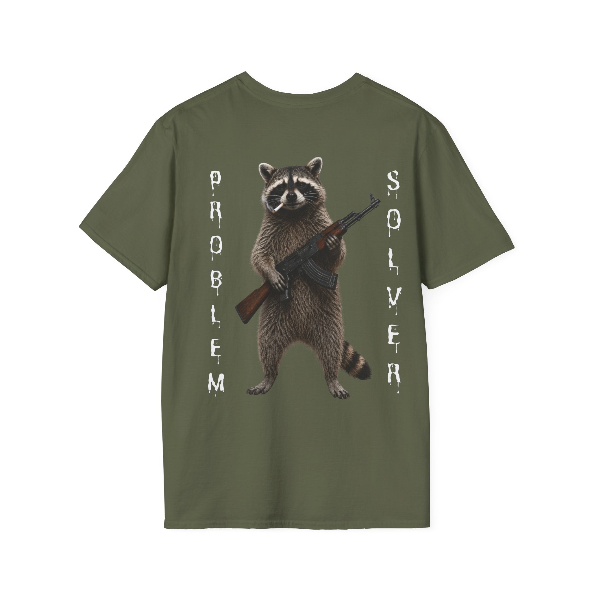 Problem Solver T-Shirt — Raccoon Holding Rifle Graphic Tee