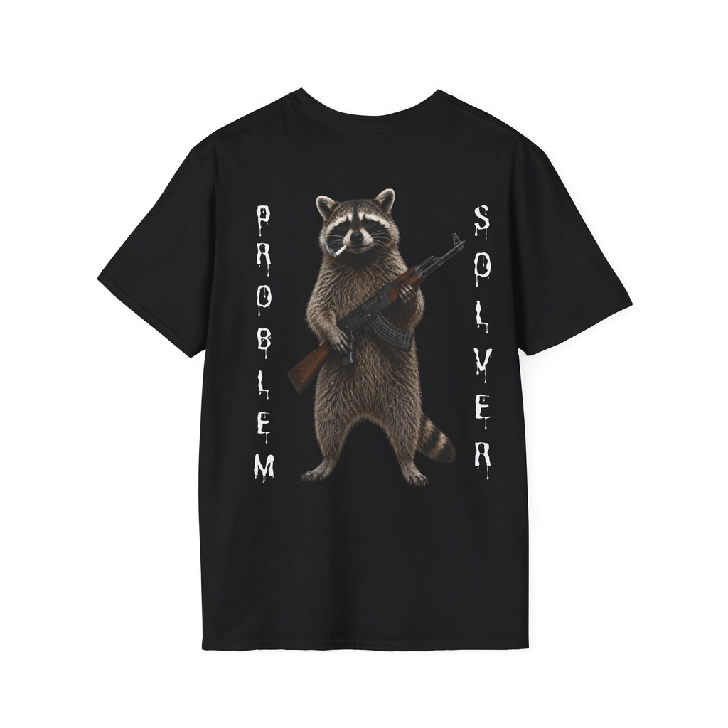 Problem Solver T-Shirt — Raccoon Holding Rifle Graphic Tee