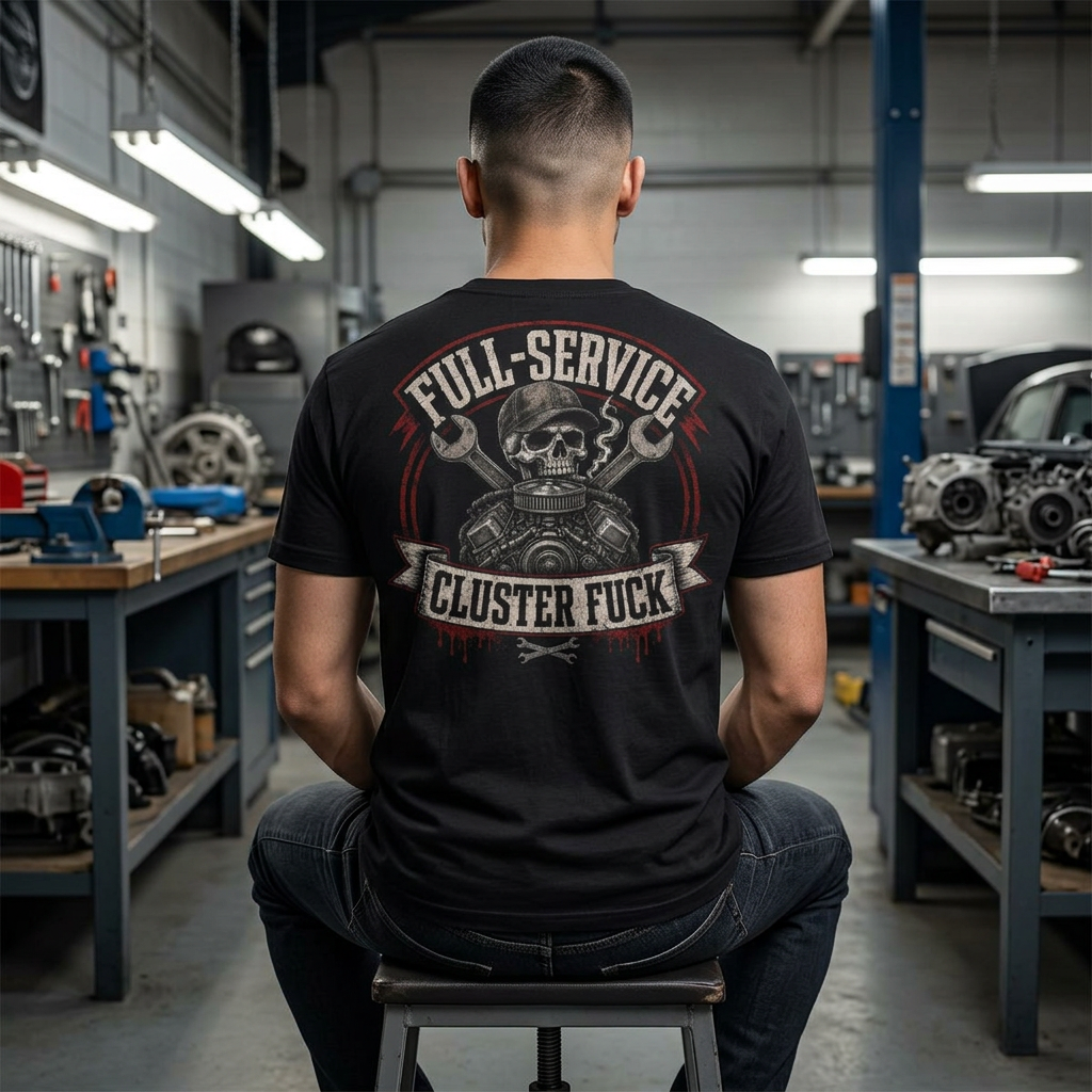 Full-Service Cluster F*** Skull T-Shirt — Mechanic Wrench Vintage Biker Tee