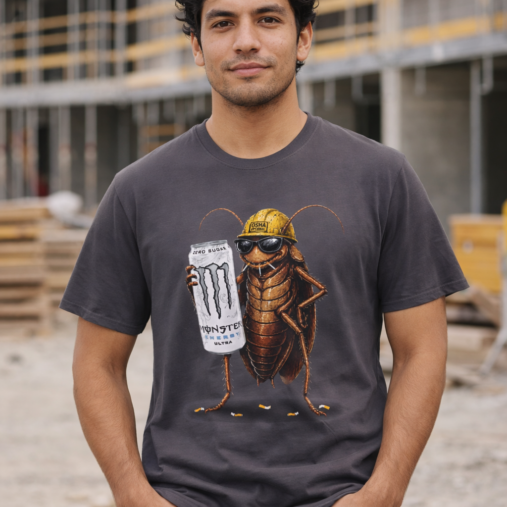 Construction Cockroach T‑Shirt — Funny Roach Holding Monster Energy Can Graphic Tee