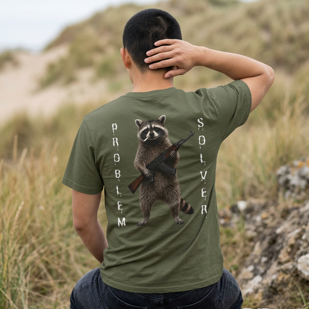 Problem Solver T-Shirt — Raccoon Holding Rifle Graphic Tee