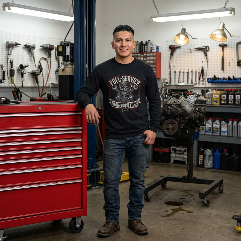 Long Sleeve Tee — 'Full-Service Cluster F***' Mechanic Vintage Graphic