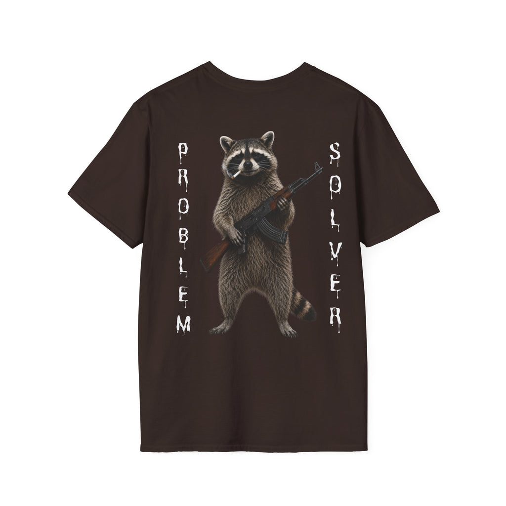 Problem Solver T-Shirt — Raccoon Holding Rifle Graphic Tee