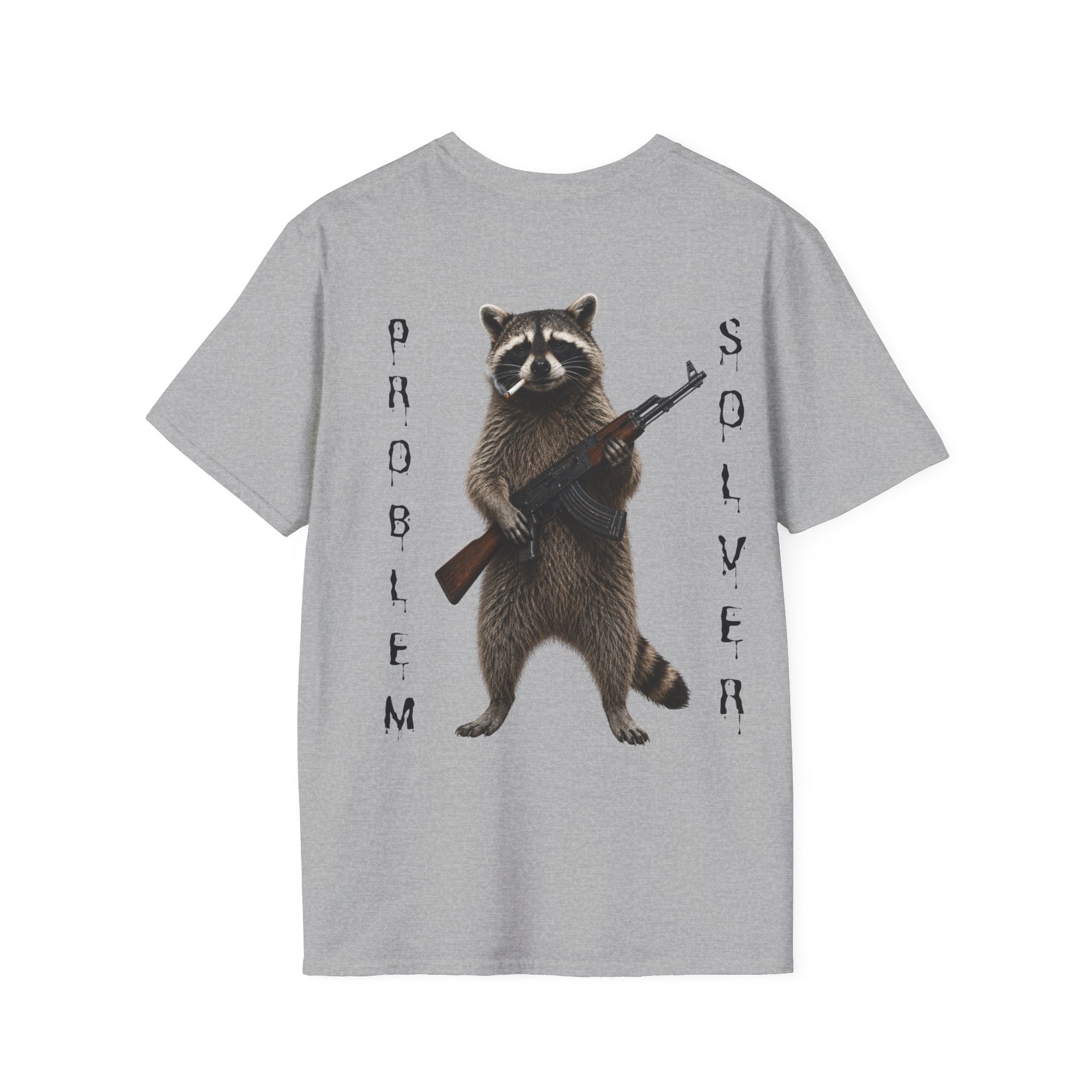 Problem Solver T-Shirt — Raccoon Holding Rifle Graphic Tee