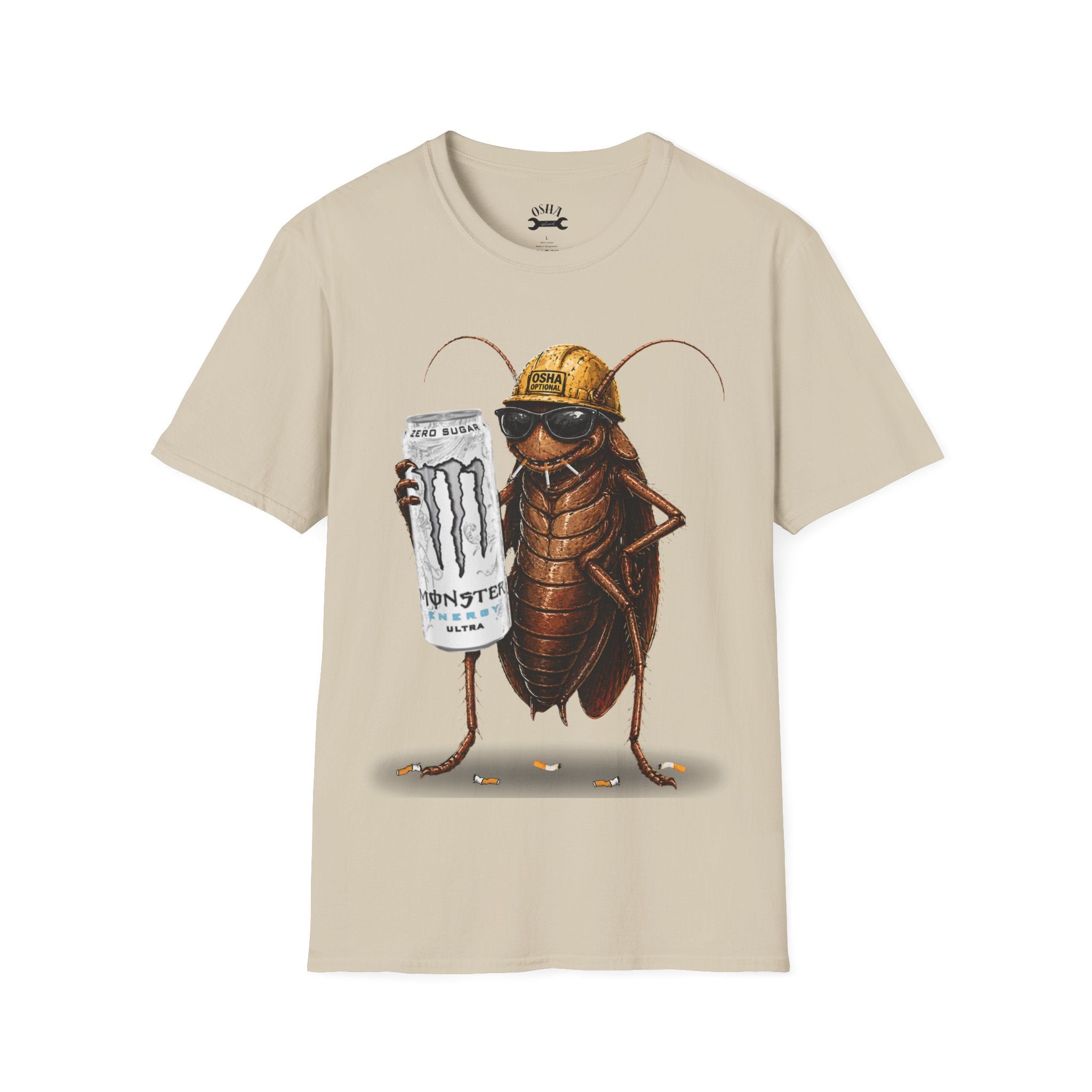 Construction Cockroach T‑Shirt — Funny Roach Holding Monster Energy Can Graphic Tee