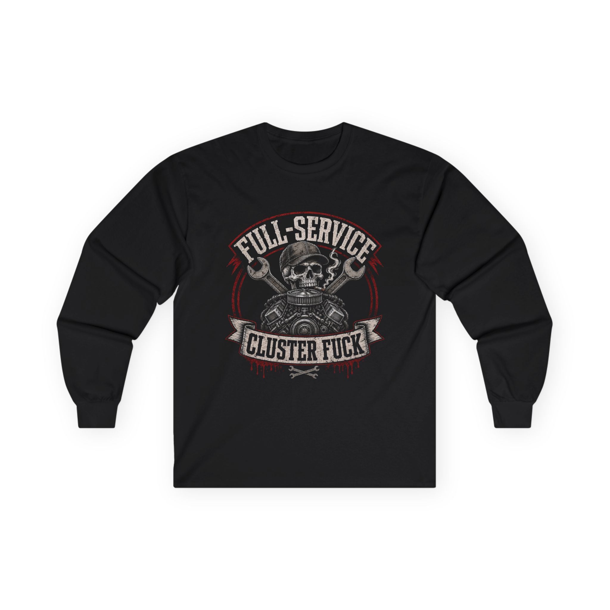 Long Sleeve Tee — 'Full-Service Cluster F***' Mechanic Vintage Graphic