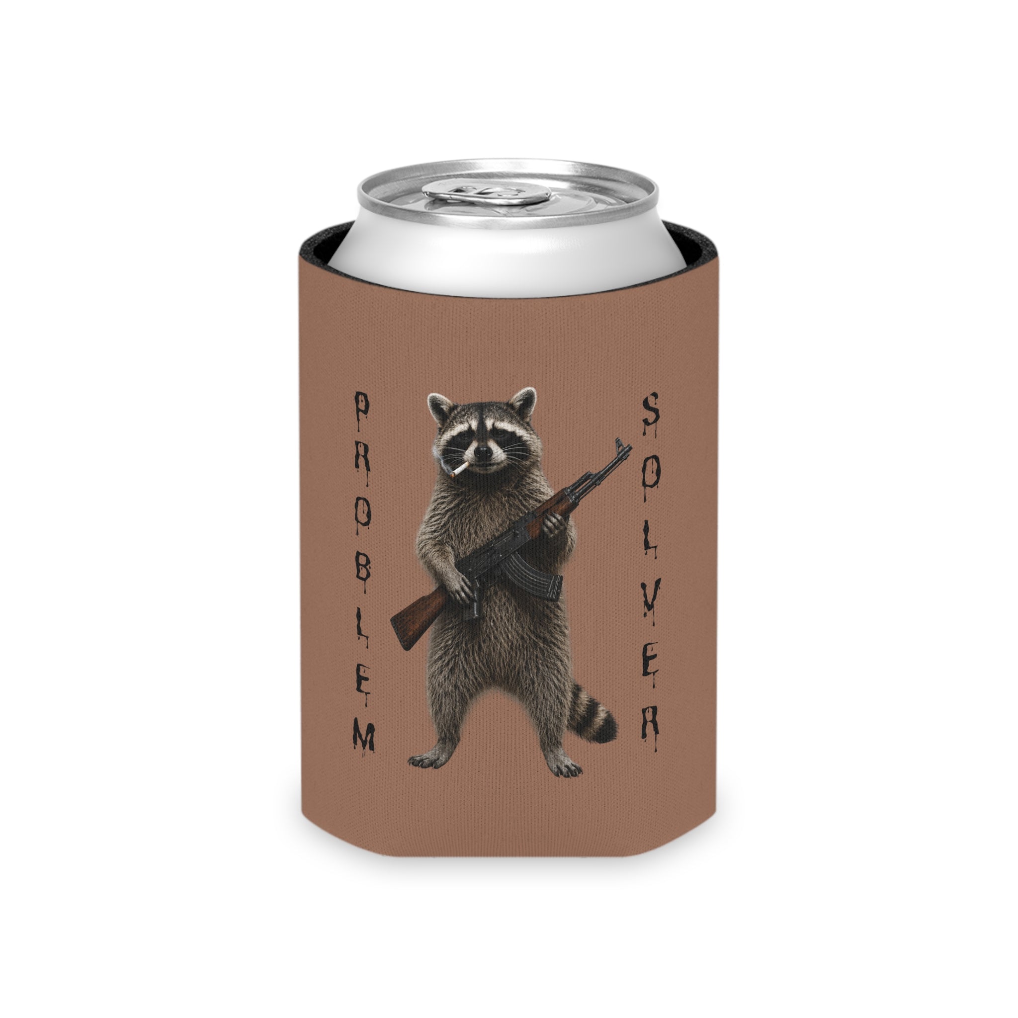 Can Cooler — 'Problem Solver' Raccoon with Rifle Beer Koozie