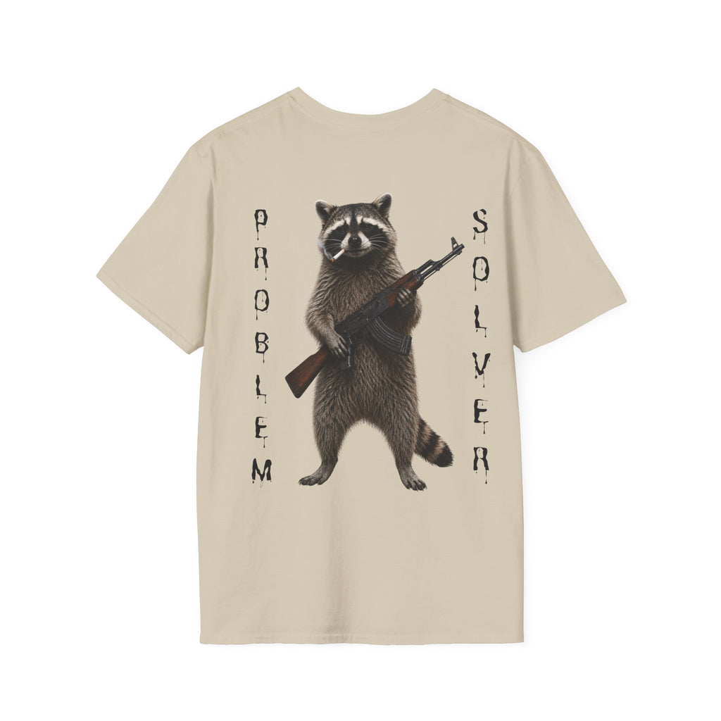 Problem Solver T-Shirt — Raccoon Holding Rifle Graphic Tee