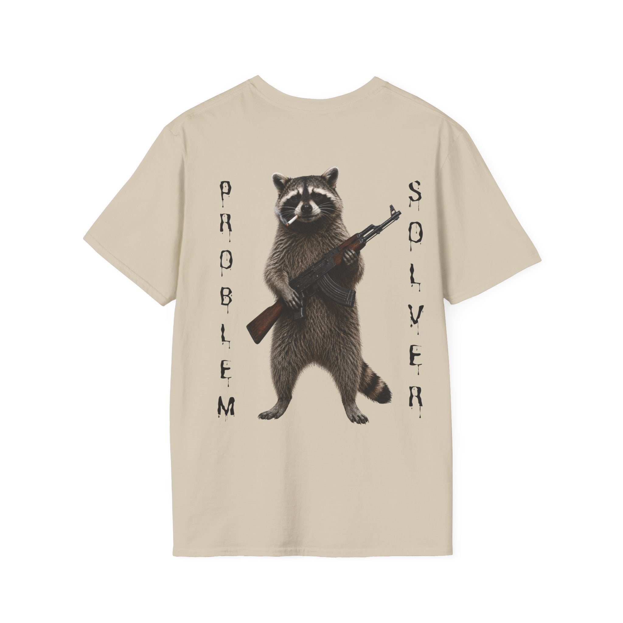 Problem Solver T-Shirt — Raccoon Holding Rifle Graphic Tee