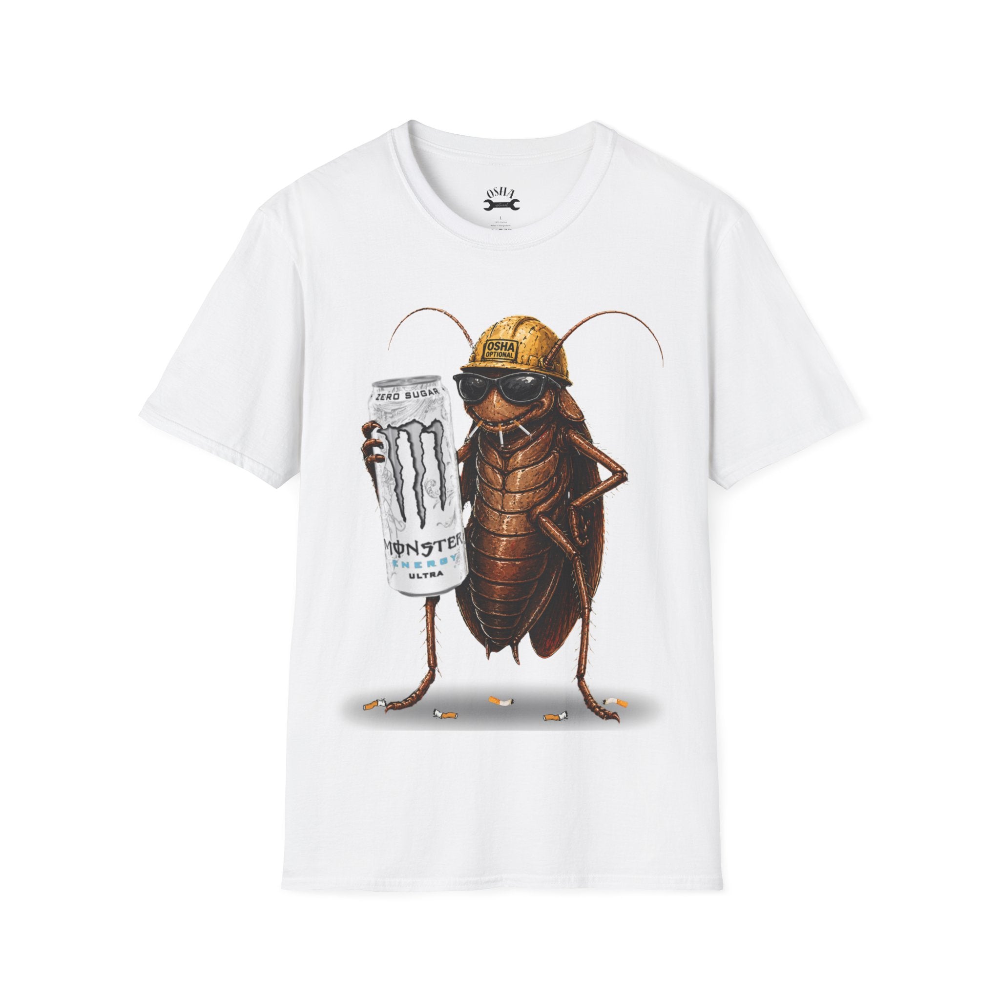 Construction Cockroach T‑Shirt — Funny Roach Holding Monster Energy Can Graphic Tee